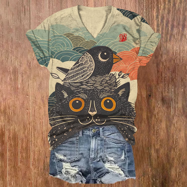 Japanese Vintage Black Cat And The Bird Woodblock  Pattern Print Short Sleeved V-Neck T-Shirt - Apricot - US32-34(5XL) - image 1