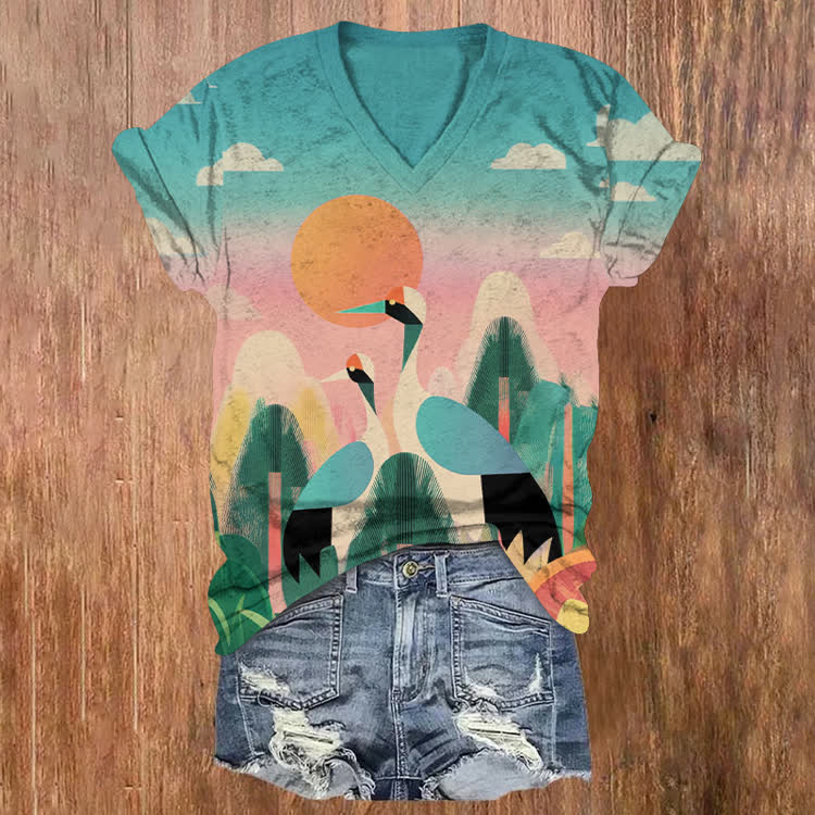 Japanese Vintage Colorful Crane Pattern Print Short Sleeved V-Neck T-Shirt - Blue - US32-34(5XL) - image 1