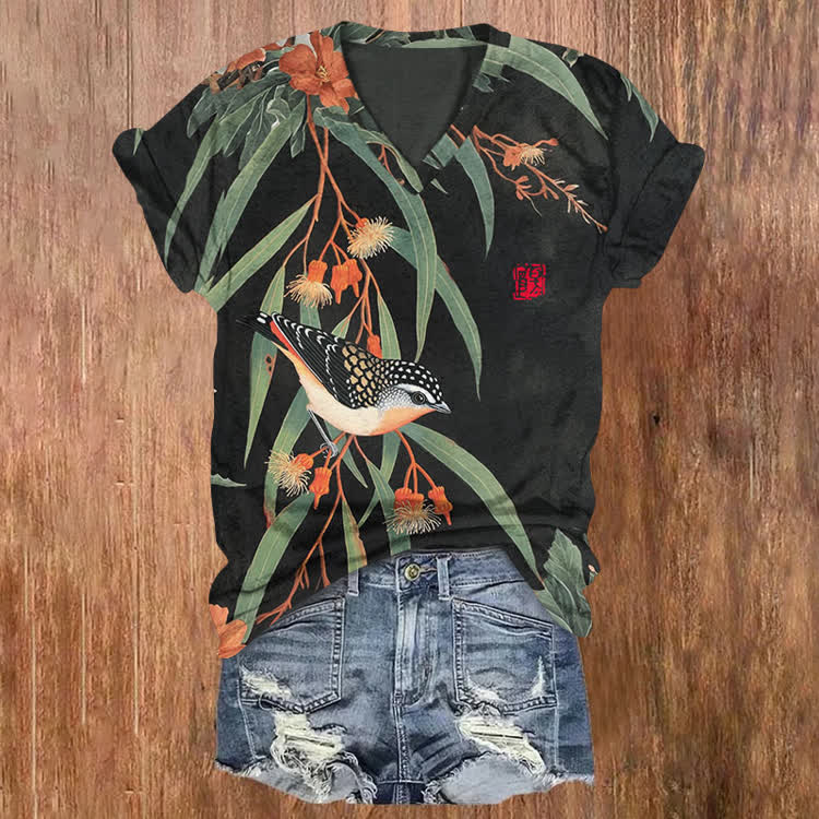 Japanese Vintage Little Bird Pattern Print Short Sleeved V-Neck T-Shirt - Black - US32-34(5XL) - image 1