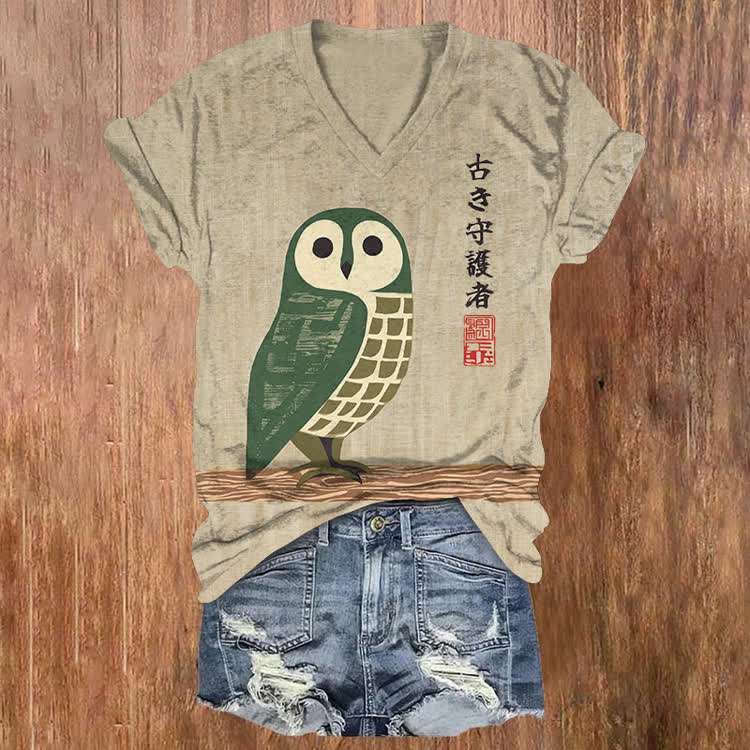 Japanese Vintage Owl Pattern Print Short Sleeved V-Neck T-Shirt - Apricot - US32-34(5XL) - image 1
