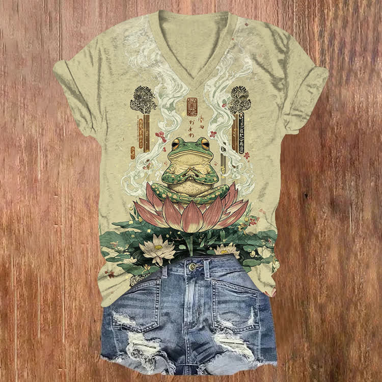 Japanese Vintage Zen Frog Pattern Print Short Sleeved V-Neck T-Shirt - Apricot - US32-34(5XL) - image 1