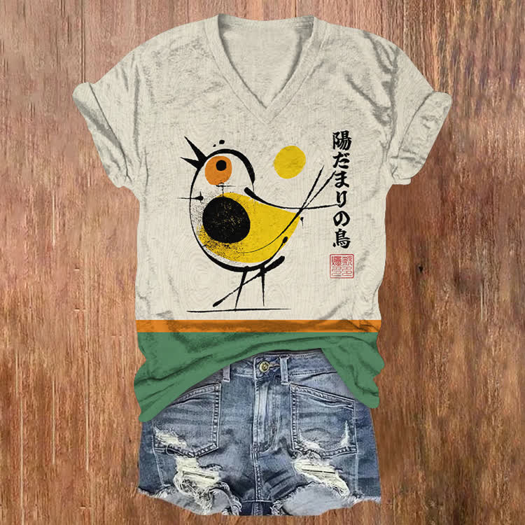 Japanese Vintage Sketch Bird Pattern Print Short Sleeved V-Neck T-Shirt - Apricot - US32-34(5XL) - image 1