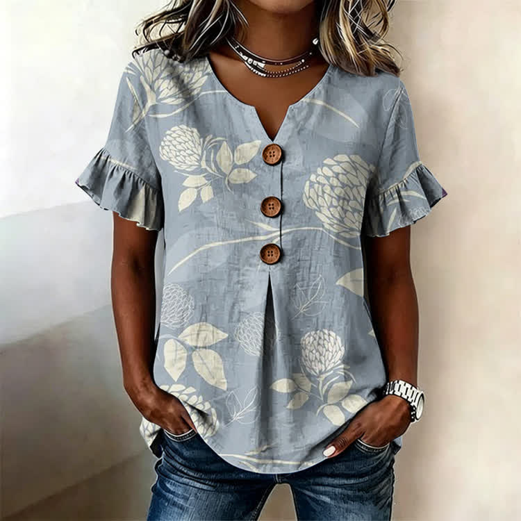 Women's Floral Pattern Print Button Short Ruffle Sleeves V-neck Blouse - Blue - US32-34(5XL) - image 1