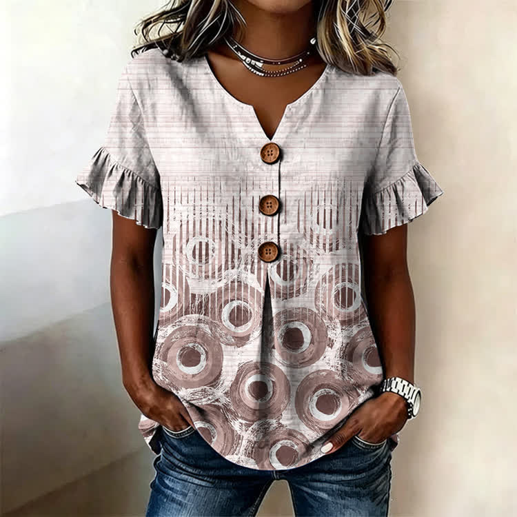 Women's Casual Abstract Geometri Pattern Print Button Short Ruffle Sleeves V-neck Blouse - Pink - US32-34(5XL) - image 1