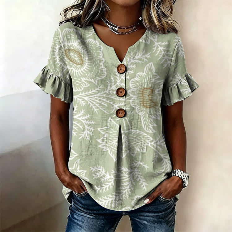 Botanical Pattern Print Button Short Ruffle Sleeves V-neck Blouse - Green - US32-34(5XL) - image 1