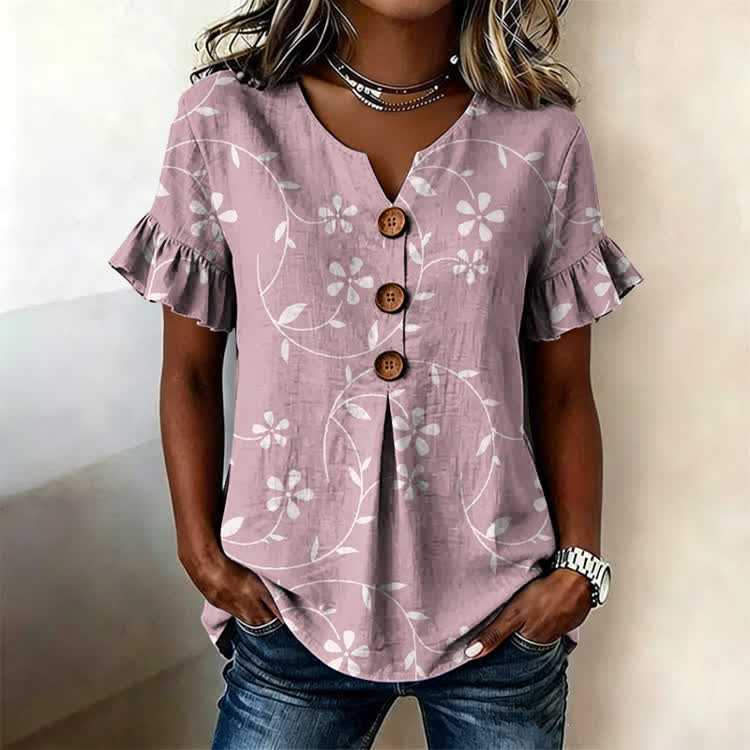 Floral Vine Pattern Print Button Short Ruffle Sleeves V-neck Blouse - Pink - US32-34(5XL) - image 1