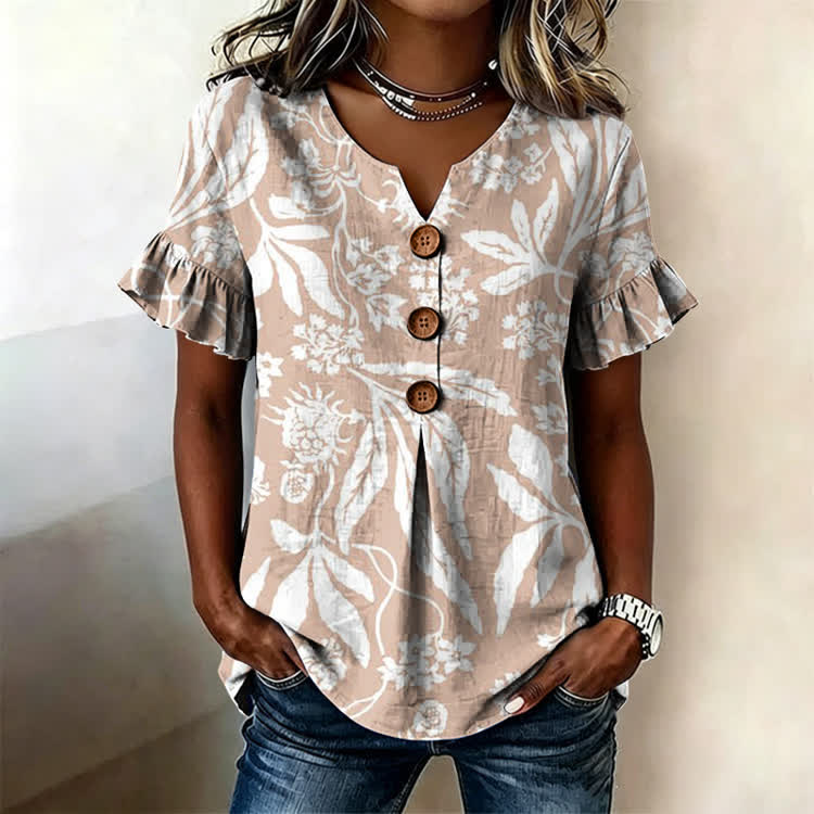 Lightweight Floral Leaf  Pattern Print Button Short Sleeves V-neck Blouse - Apricot - US32-34(5XL) - image 1