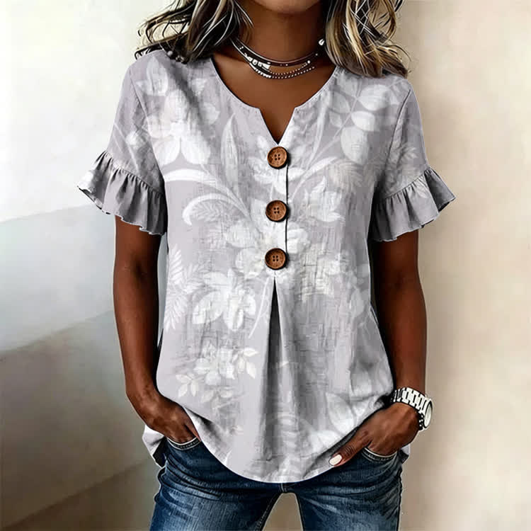 Floral Botanical Pattern Print Button Short Ruffle Sleeves V-neck Blouse - Purple - US32-34(5XL) - image 1