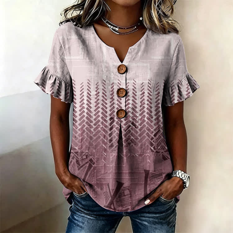 Gradient Geometric Pattern Print Button Short Ruffle Sleeves V-neck Blouse - Pink - US32-34(5XL) - image 1