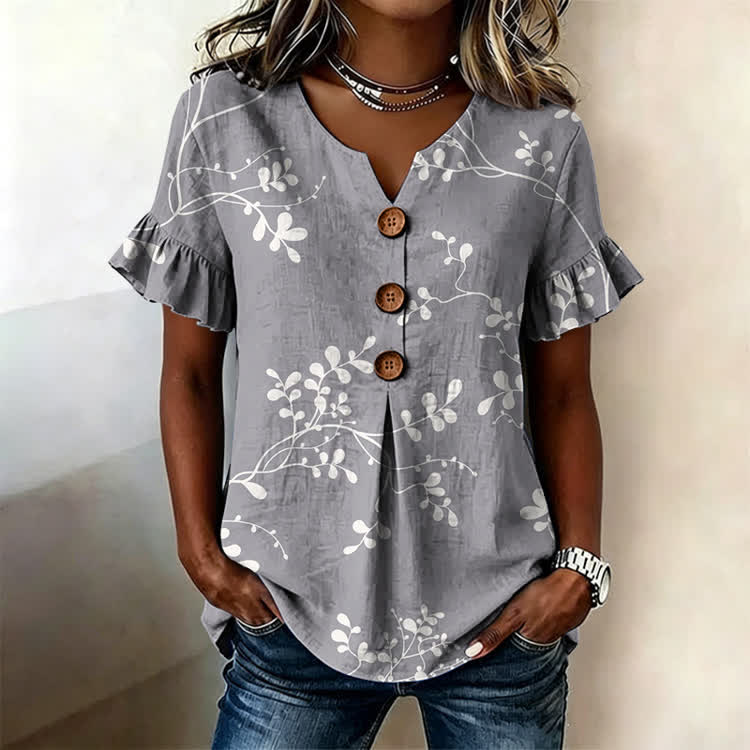 Leafy Vine Pattern Print Button Short Ruffle Sleeves V-neck Blouse - Grey - US32-34(5XL) - image 1