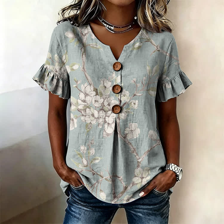 Japanese Floral Pattern Print Button Short Ruffle Sleeves V-neck Blouse - Light Blue - US32-34(5XL) - image 1