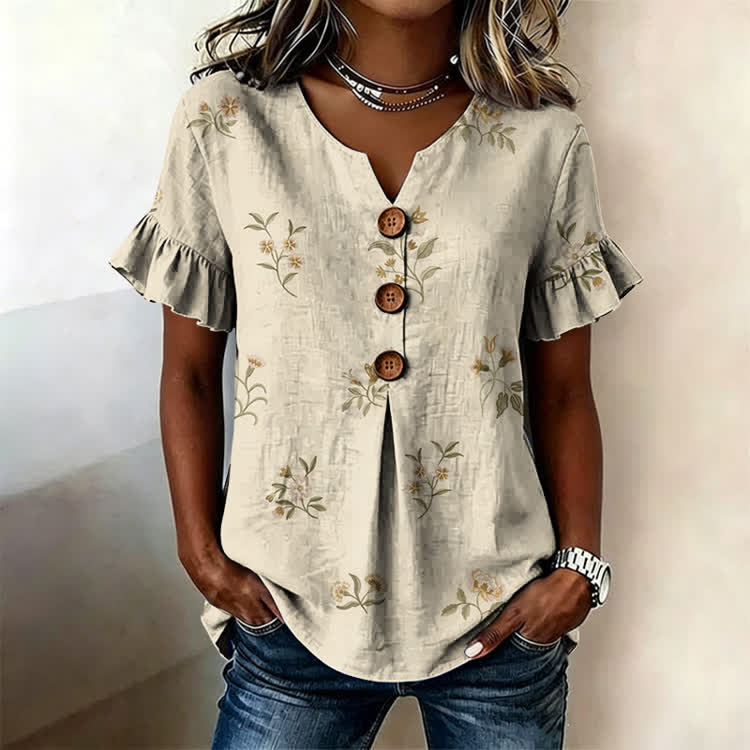 Ditsy Floral Pattern Print Button Short Ruffle Sleeves V-neck Blouse - Apricot - US32-34(5XL) - image 1