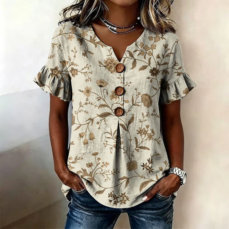 Vintage Floral Pattern Print Button Short Ruffle Sleeves V-neck Blouse - Green - US32-34(5XL) - image 1