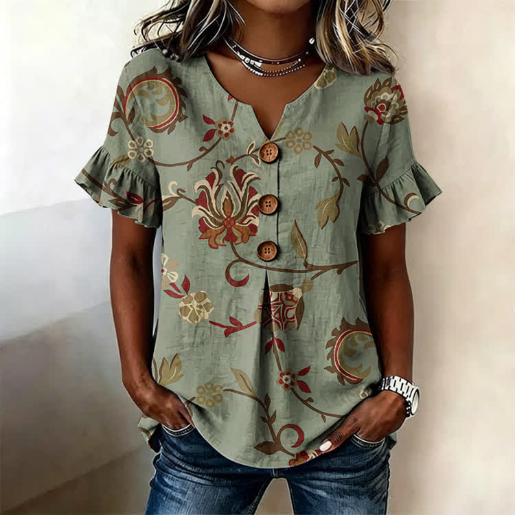Vintage Paisley Floral Pattern Print Button Short Ruffle Sleeves V-neck Blouse - Green - US32-34(5XL) - image 1