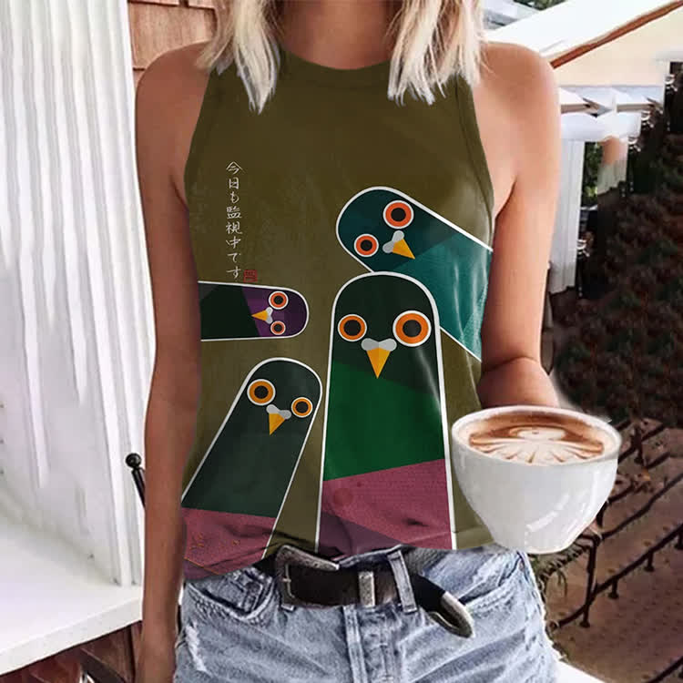 Japanese Retro Surveillance Bird Pattern Print Crew Neck Tank Top - Army Green - 5XL - image 1