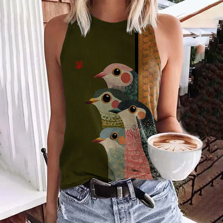 Japanese Retro Rainbow Birds Pattern Print Crew Neck Tank Top - Army Green - 5XL - image 1