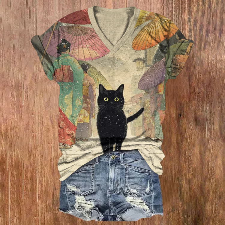 Japanese Ukiyo-E Black Cat Pattern Print Short Sleeved V-Neck T-Shirt - Apricot - US32-34(5XL) - image 1