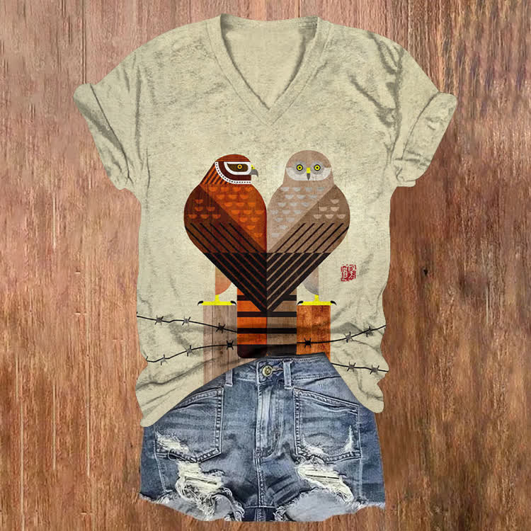 Retro Geometric Owl Pattern Print Short Sleeved V-Neck T-Shirt - image 1