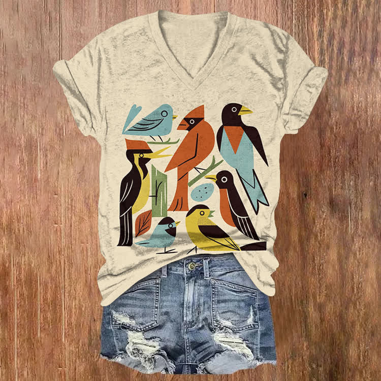 Retro Geometric Bird Pattern Print Short Sleeved V-Neck T-Shirt - Apricot - US32-34(5XL) - image 1