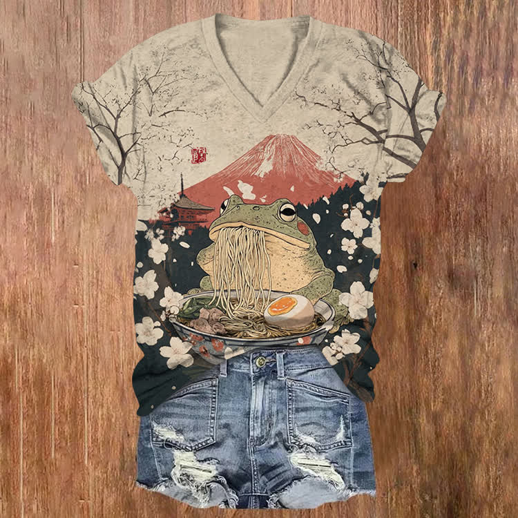 Ukiyo-E Japanese Art Frog Ramen Pattern Print Short Sleeved V-Neck T-Shirt - Apricot - US32-34(5XL) - image 1