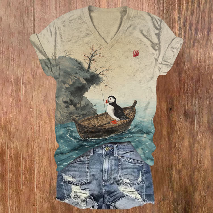Vintage Art Wildlife Puffin Pattern Print Short Sleeved V-Neck T-Shirt - Apricot - US32-34(5XL) - image 1