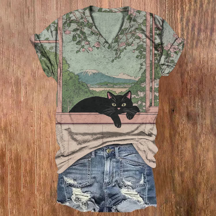Japanese Content Black Cat Pattern Print Short Sleeved V-Neck T-Shirt - Light Green - US32-34(5XL) - image 1