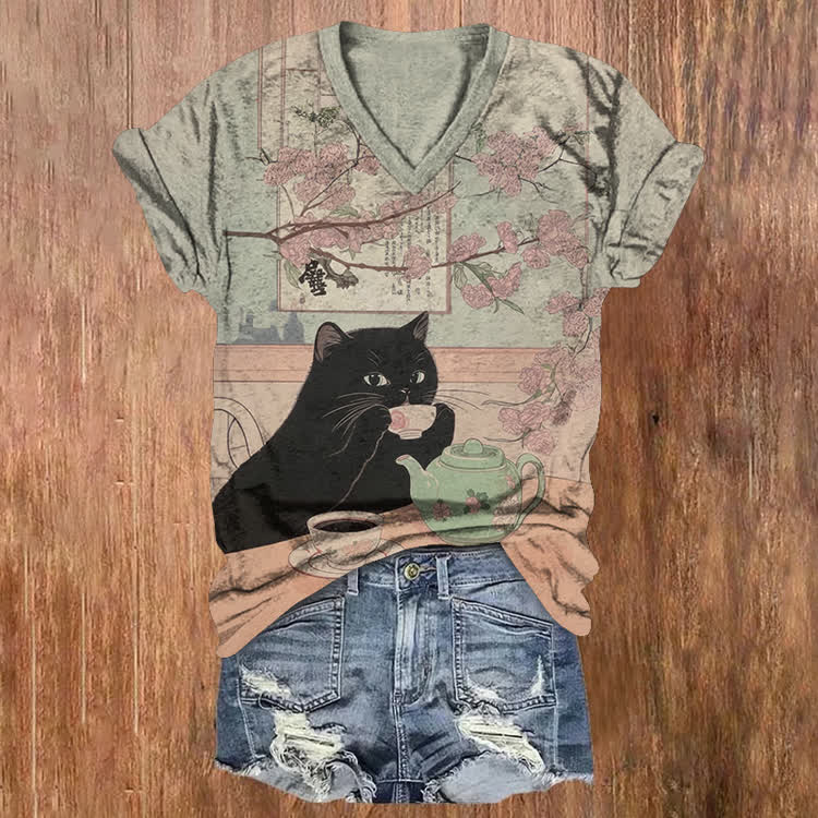 Japanese Tea Break Black Cat Pattern Print Short Sleeved V-Neck T-Shirt - Light Green - US32-34(5XL) - image 1
