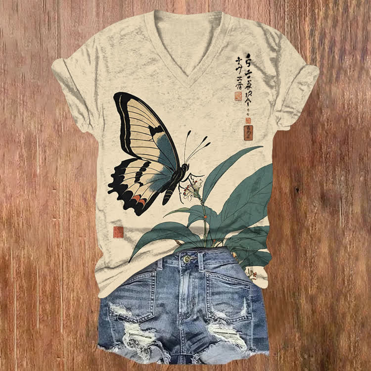Japanese Ukiyo-E Butterfly Pattern Print Short Sleeved V-Neck T-Shirt - Apricot - US32-34(5XL) - image 1