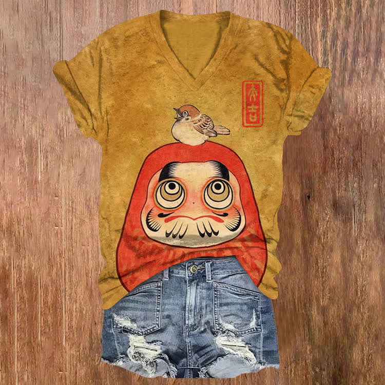 Japanese Bodhidharma And The Sparrow Pattern Print Short Sleeved V-Neck T-Shirt - Yellow - US32-34(5XL) - image 1