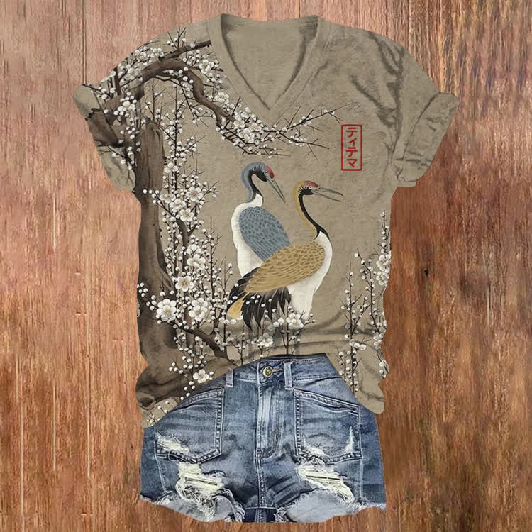 Japanese Vintage White Plum Blossoms And Two Cranes Pattern Print Short Sleeved V-Neck T-Shirt - Khaki - US32-34(5XL) - image 1