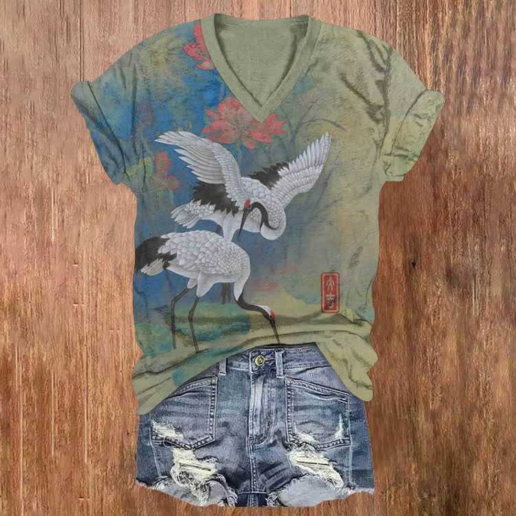 Japanese Vintage Lotus And Two Cranes Pattern Print Short Sleeved V-Neck T-Shirt - Light Green - US32-34(5XL) - image 1