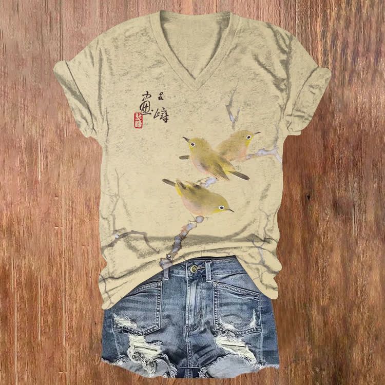 Vintage Cute Little Bird Pattern Print Short Sleeved V-Neck T-Shirt - Apricot - US32-34(5XL) - image 1
