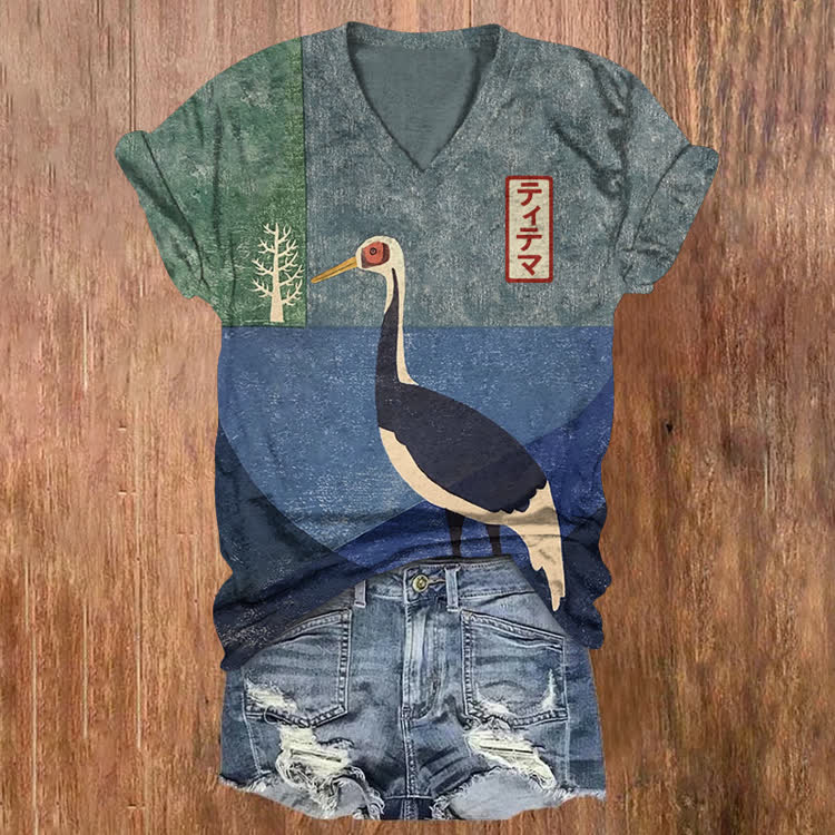 Japanese Vintage Geometric Deconstructed Crane Pattern Print Short Sleeved V-Neck T-Shirt - Blue - US32-34(5XL) - image 1