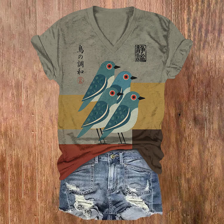 Japanese Geometric Color Block Birds Pattern Print Short Sleeved V-Neck T-Shirt - Grey - US32-34(5XL) - image 1
