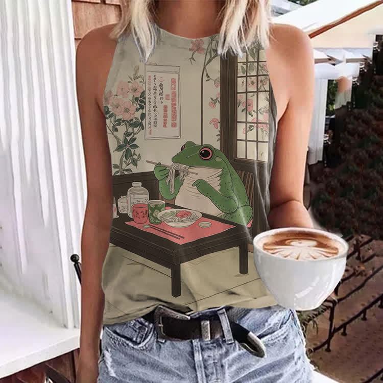  Vintage Funny Frog Noodle Art Pattern Print Crew Neck Vest - Apricot - 5XL - image 1