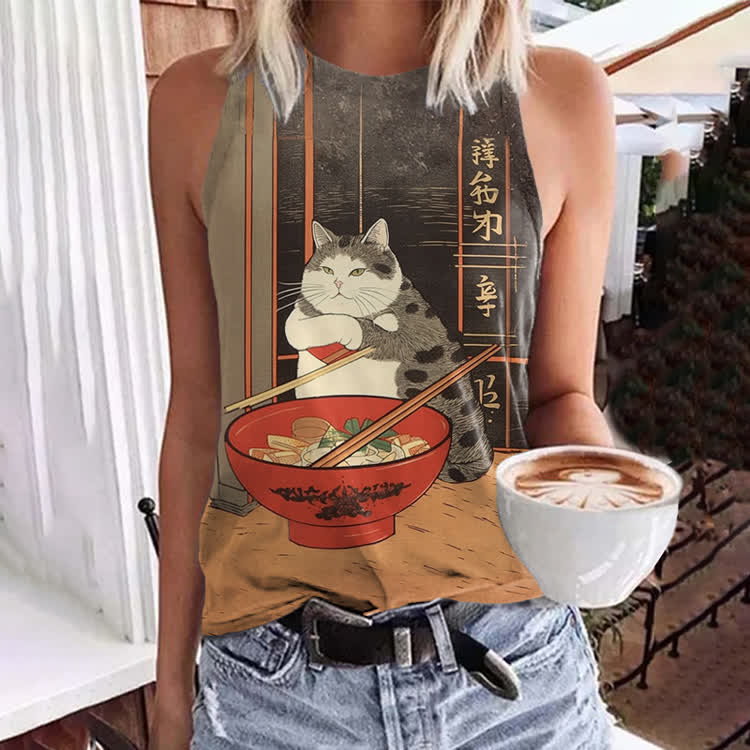Japanese Ukiyo-E Style Cat Ramen Pattern Print Crew Neck Vest - Black - 5XL - image 1