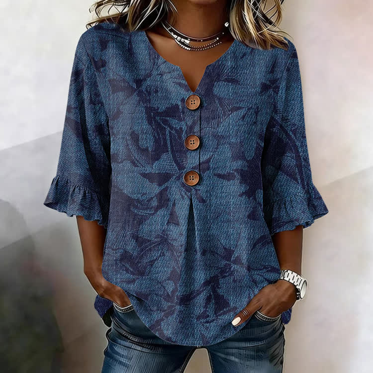 Floral Silhouette Texture Pattern Print Button V-Neck Blouse With Ruffle Sleeves - Blue - US32-34(5XL) - image 1