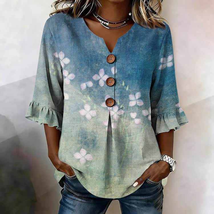 Petal Gradient Texture Pattern Print Button V-Neck Blouse With Ruffle Sleeves - Blue - US32-34(5XL) - image 1