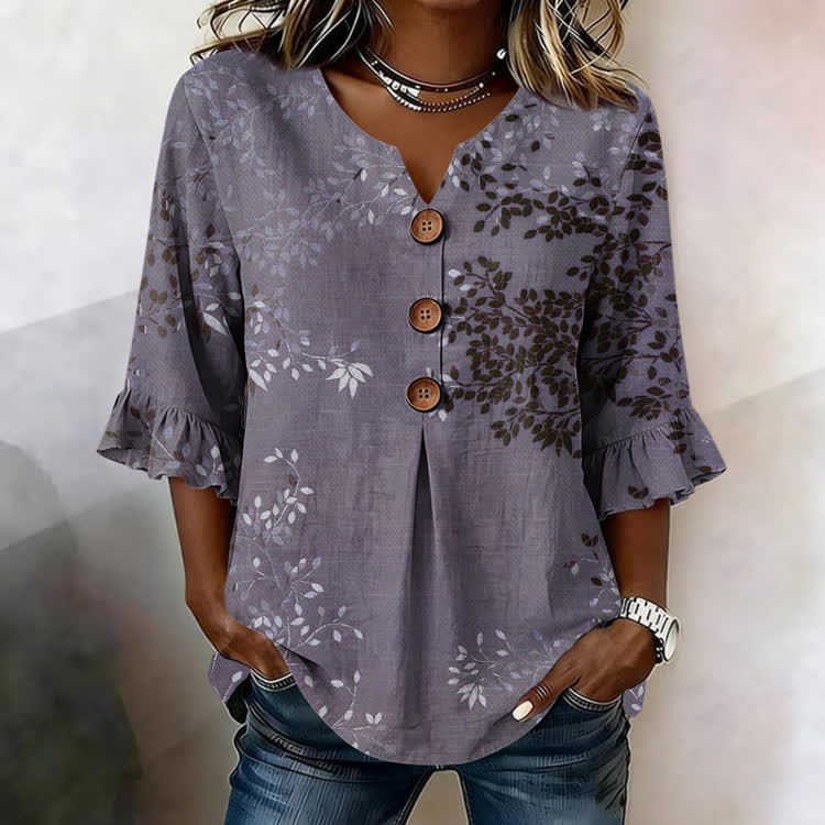 Tree Silhouette Texture Pattern Print Button V-Neck Blouse With Ruffle Sleeves - Purple - US32-34(5XL) - image 2
