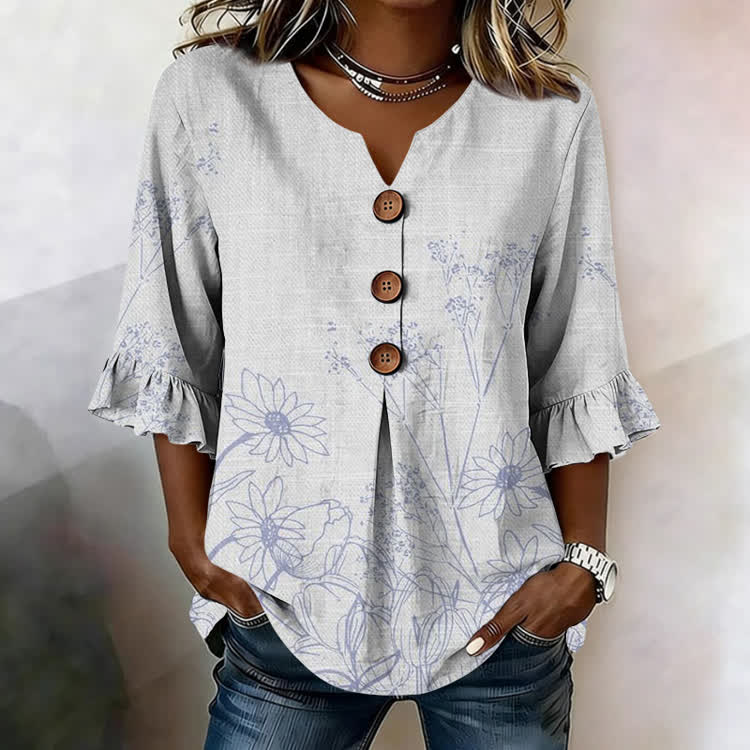 Wildflowers Ballpoint Pen Sketch Texture Pattern Print Button V-Neck Blouse With Ruffle Sleeves - White - US32-34(5XL) - image 1