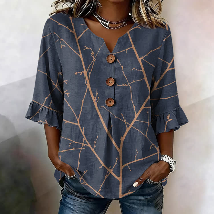 Tree Branch Silhouette Texture Pattern Print Button V-Neck Blouse With Ruffle Sleeves - Dark Blue - US32-34(5XL) - image 1