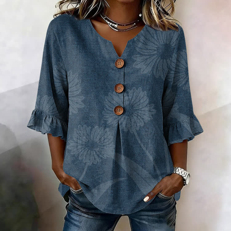 Daisy Stamp Texture Pattern Print Button V-Neck Blouse With Ruffle Sleeves - Dark Blue - US32-34(5XL) - image 1