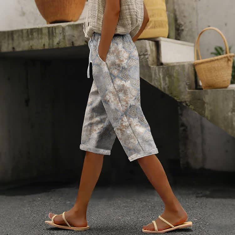Retro Bohemian Pattern Print Casual pocket Mid Short Pants  - Light Gray - US 24 (4XL) - image 1