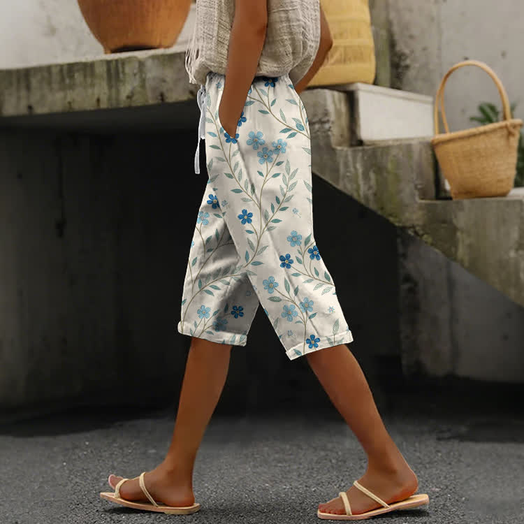  Fresh Blue Floral Pattern Print Casual pocket Mid Short Pants  - White - US 24 (4XL) - image 1