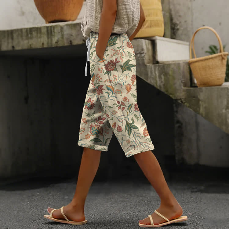 Vintage Botanical Floral  Pattern Print Casual pocket Mid Short Pants  - Apricot - US 24 (4XL) - image 1