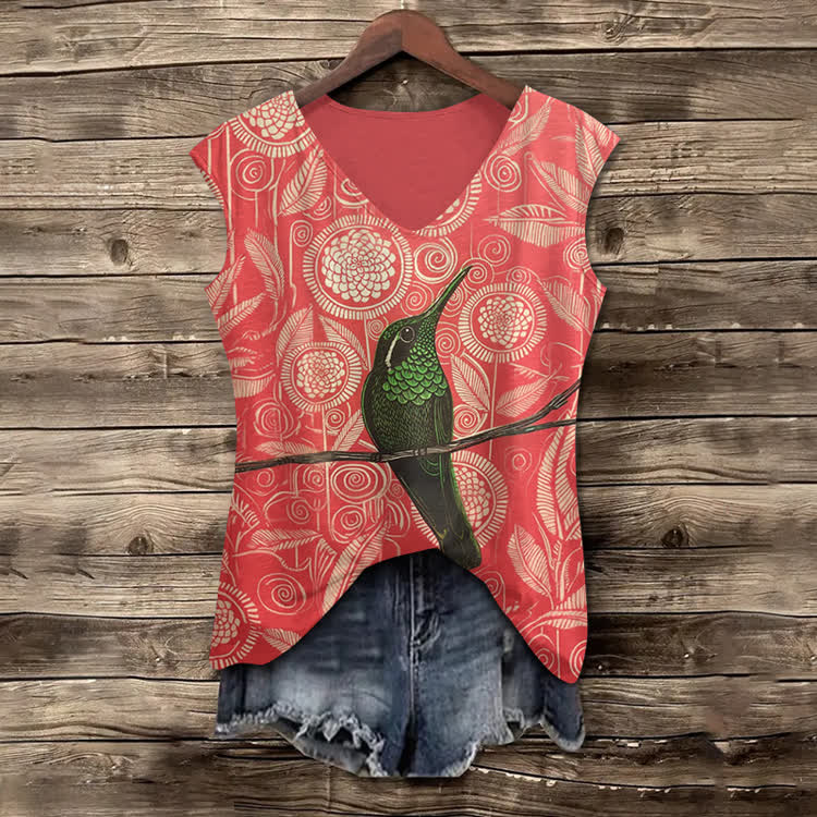 Vintage Geometric Flowers And Birds Pattern Print V-neck Tank Top - Red - 5XL - image 1