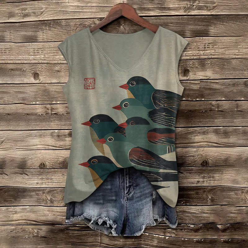 Japanese Vintage Bird Print V-neck Tank Top - Grey - 5XL - image 1