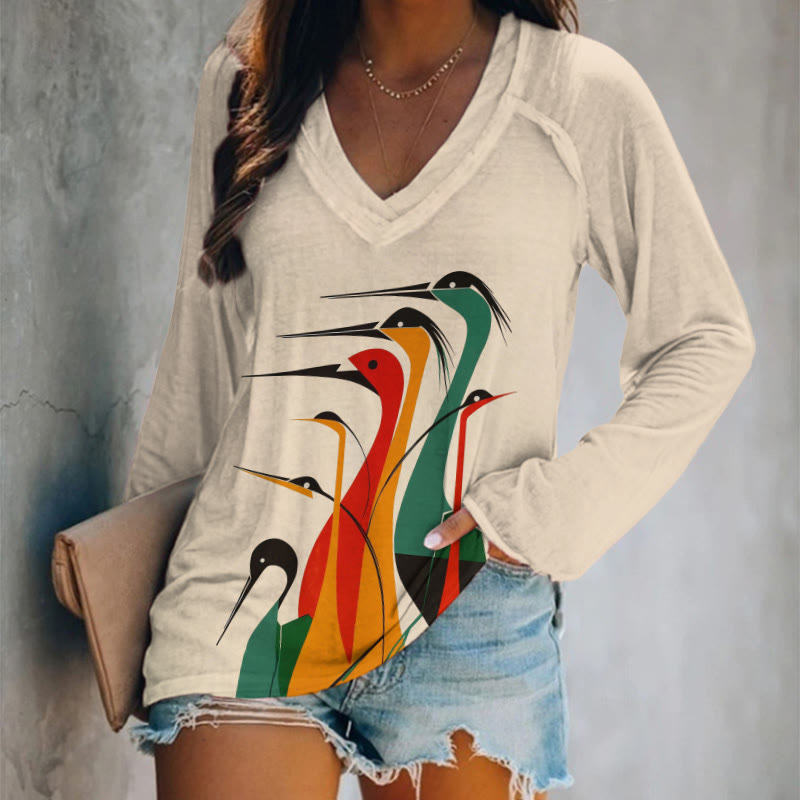 Abstract Colorful Crane Print V-neck Long Sleeve T-shirt - Apricot - 5XL - image 1