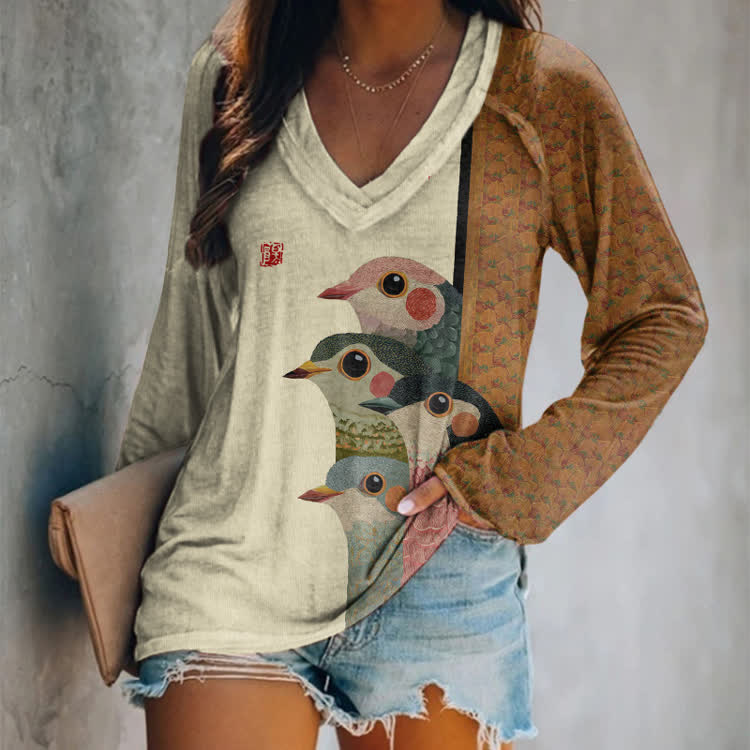 Japanese Retro Rainbow Birds Pattern Print V-neck Long Sleeve T-shirt - Apricot - US 24 (5XL) - image 2
