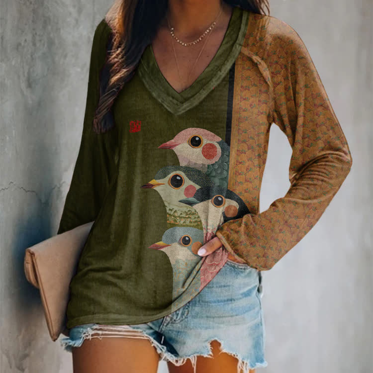 Japanese Retro Rainbow Birds Pattern Print V-neck Long Sleeve T-shirt - Dark Green - US 24 (5XL) - image 1